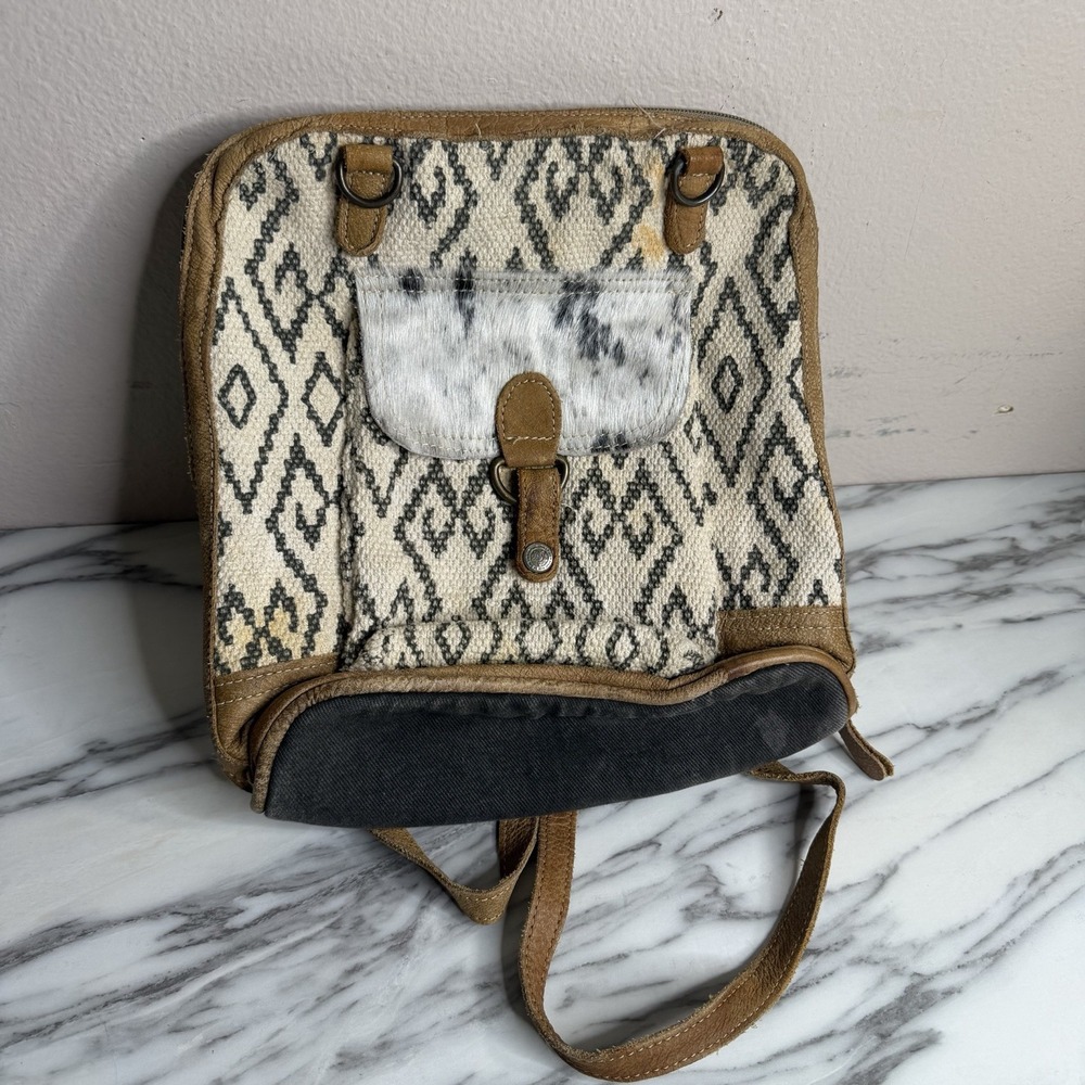 Myra Bag Western Boho Backpack Leather & Cowhide Cow Hair Amber Aztec Tribal